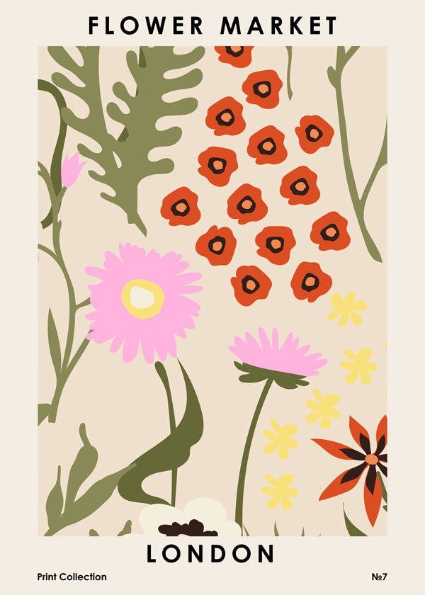 Botanisk plakat Flower Market London med illustrerede blomster