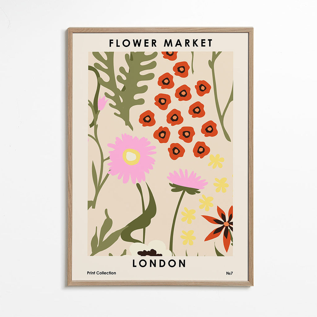 Botanisk plakat Flower Market London med illustrerede blomster