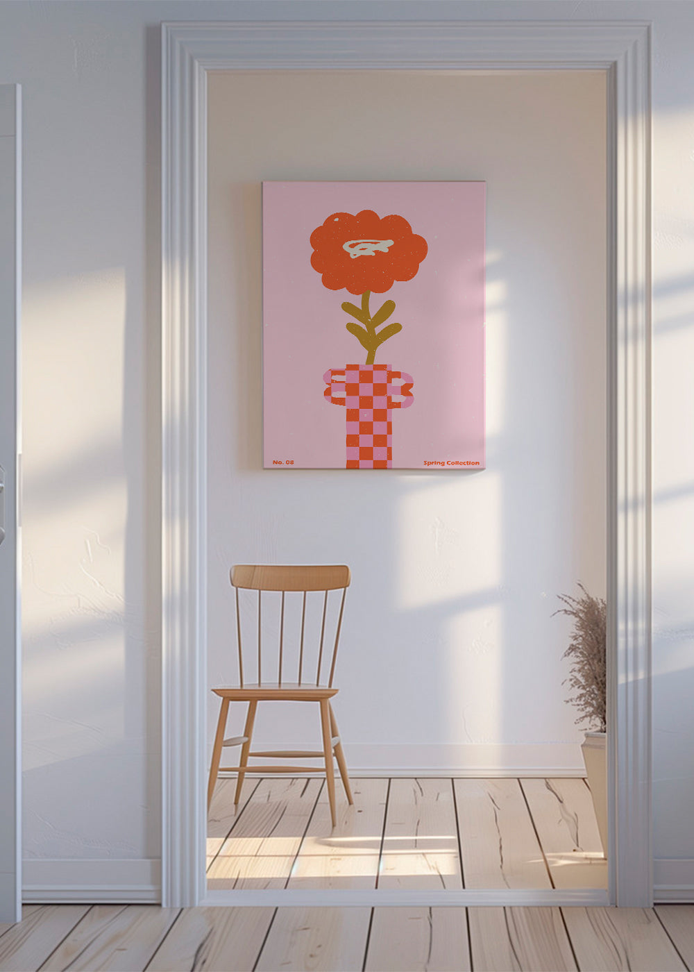 Botanisk plakat: orange blomst på lyserød baggrund