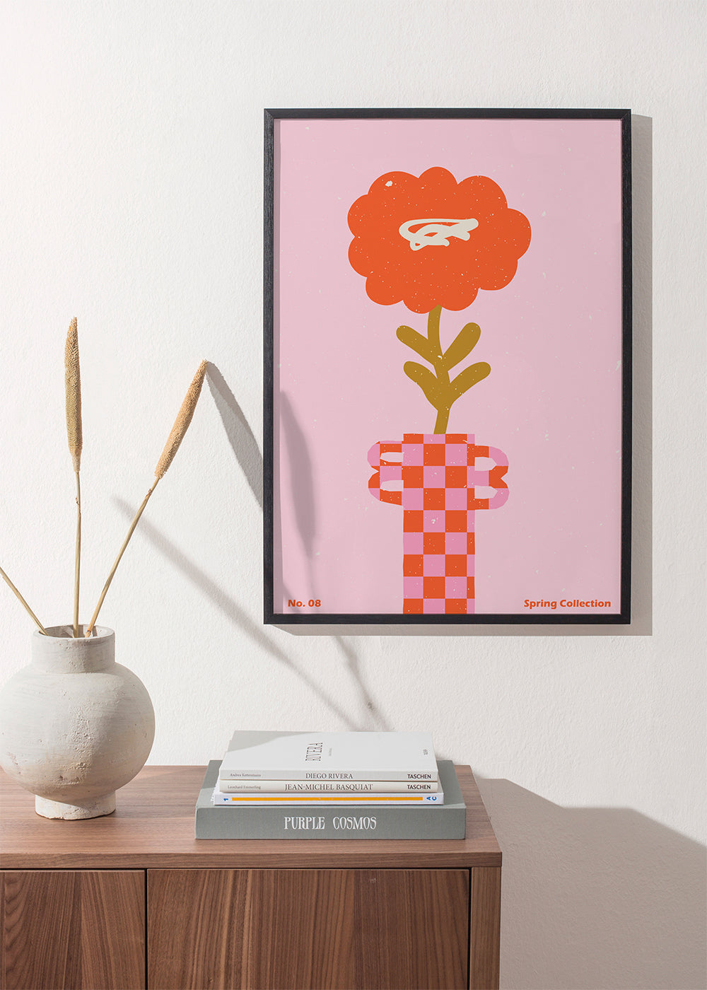 Botanisk plakat: orange blomst på lyserød baggrund