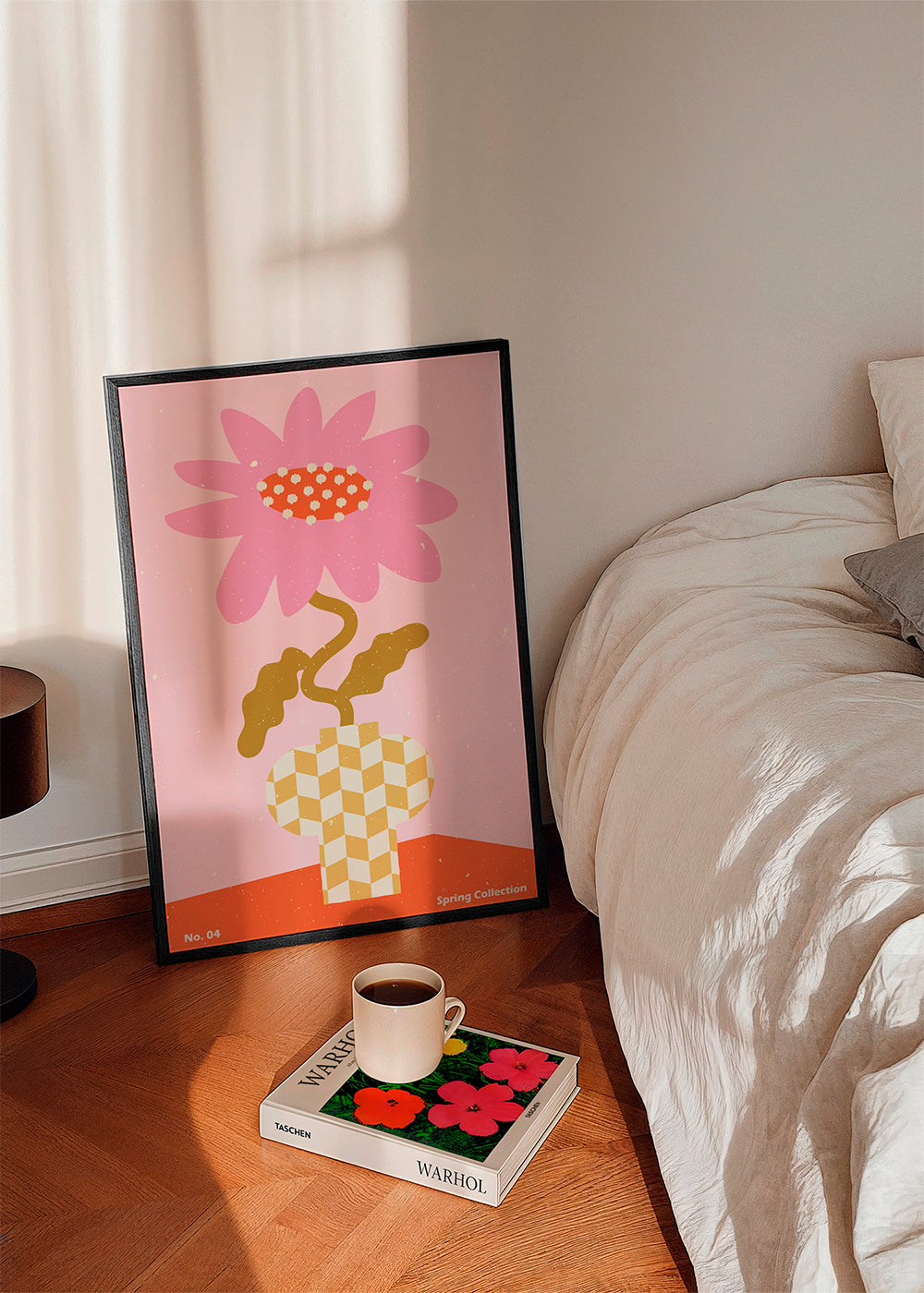 Botanisk plakat rosa med grafisk blomst