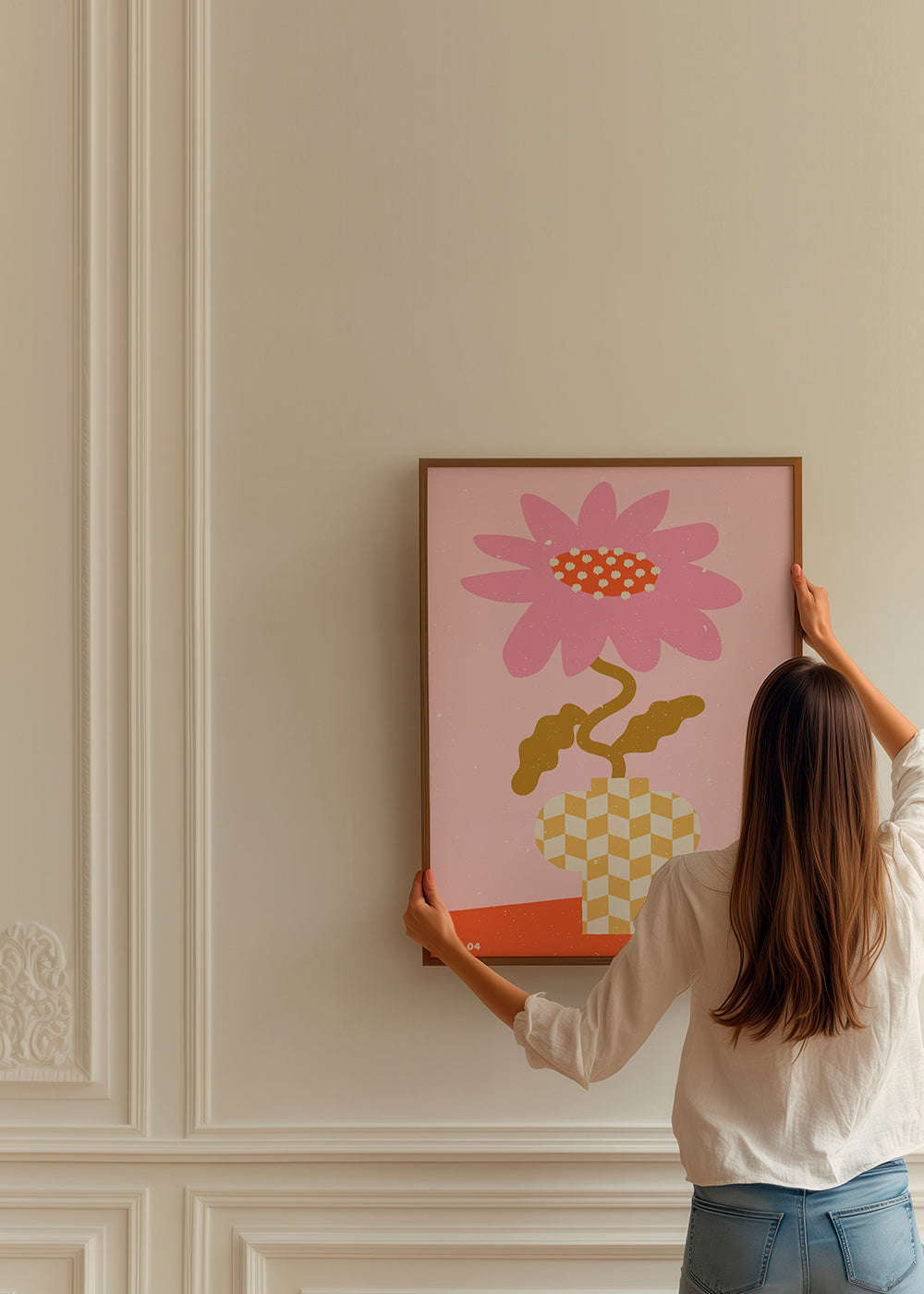 Botanisk plakat rosa med grafisk blomst