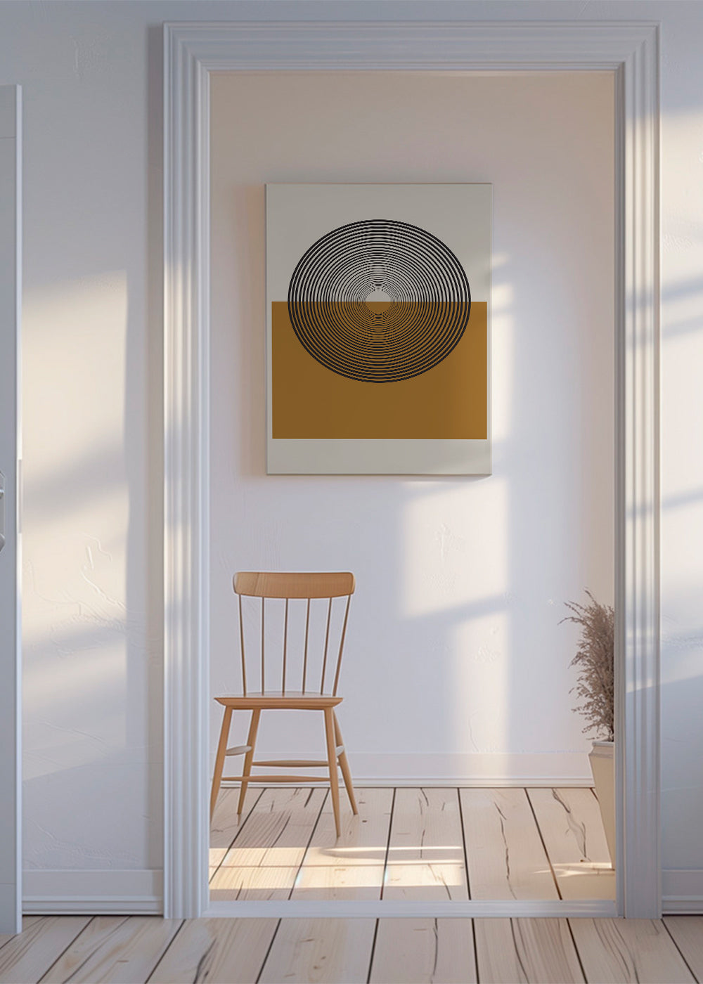 Geometrisk plakat koncentriske cirkler og okkerblok