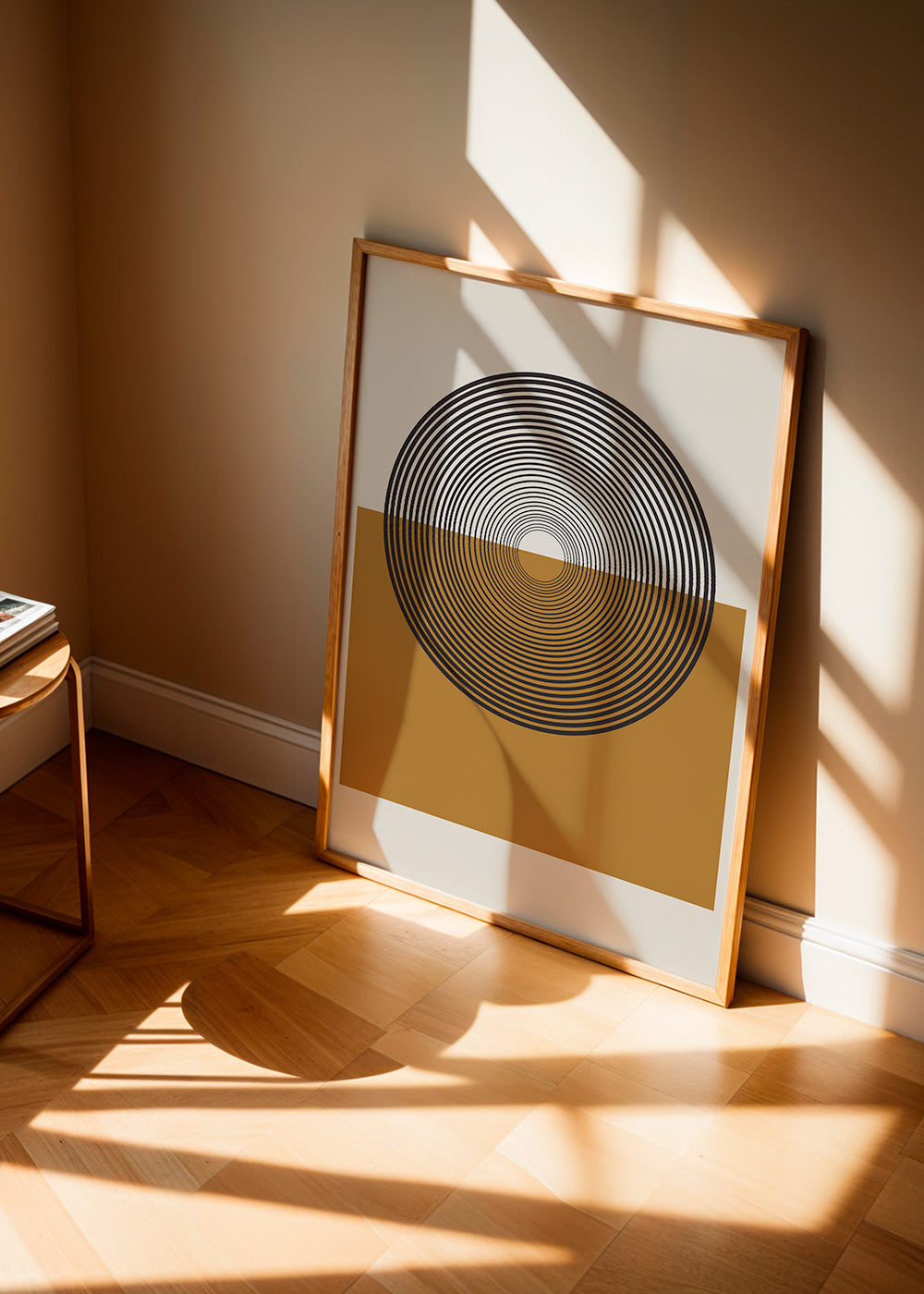 Geometrisk plakat koncentriske cirkler og okkerblok