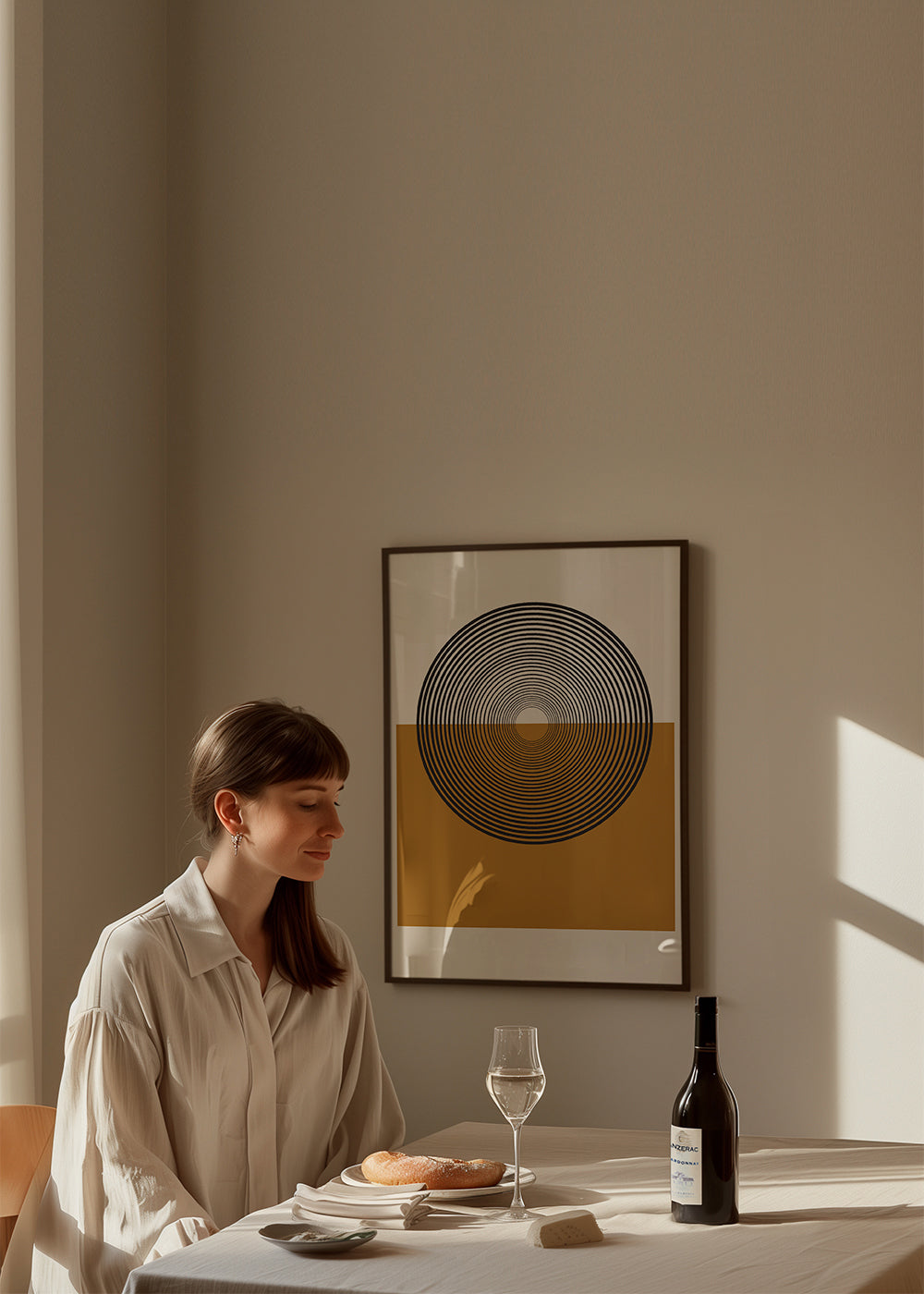 Geometrisk plakat koncentriske cirkler og okkerblok