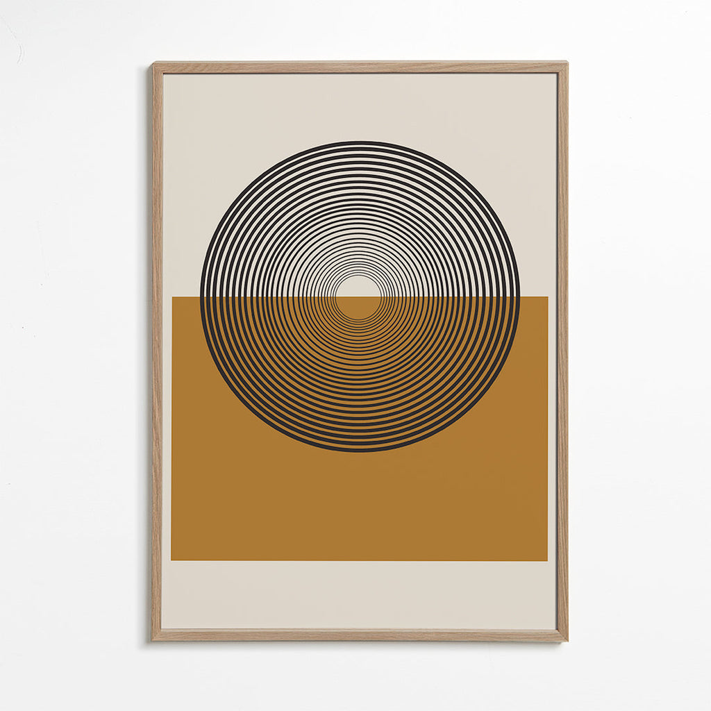Geometrisk plakat koncentriske cirkler og okkerblok