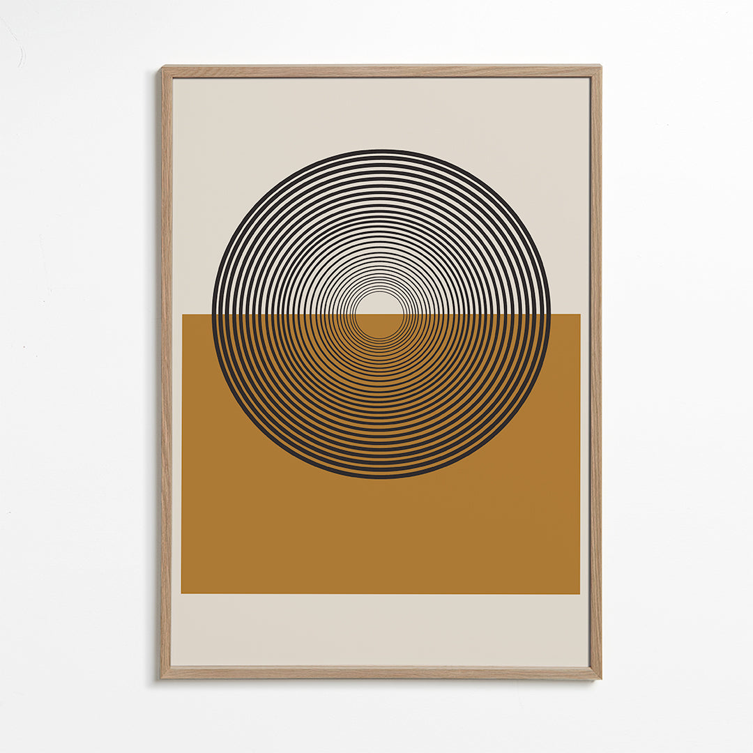 Geometrisk plakat koncentriske cirkler og okkerblok