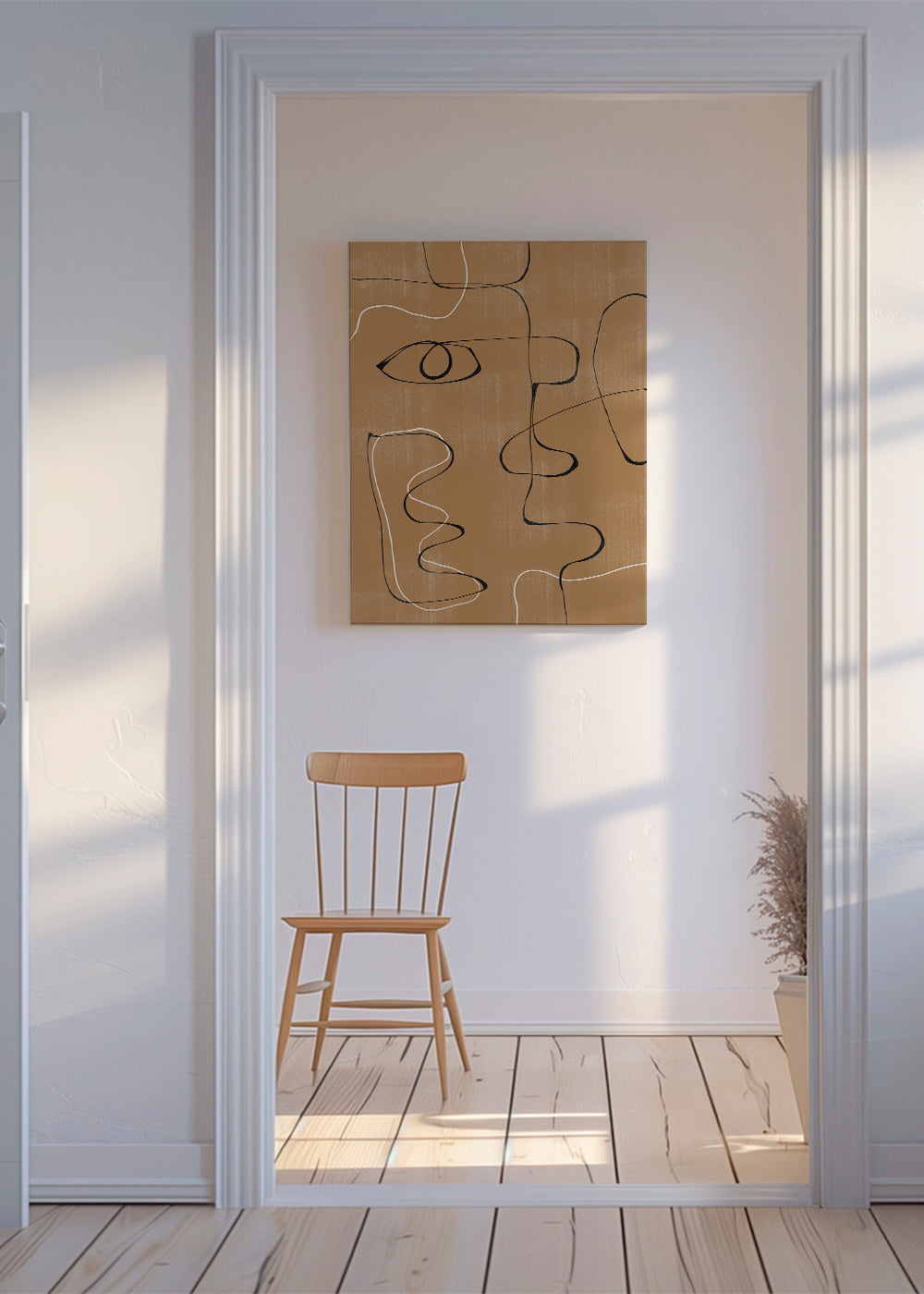 Abstrakt kunst: lineært ansigt på okker baggrund