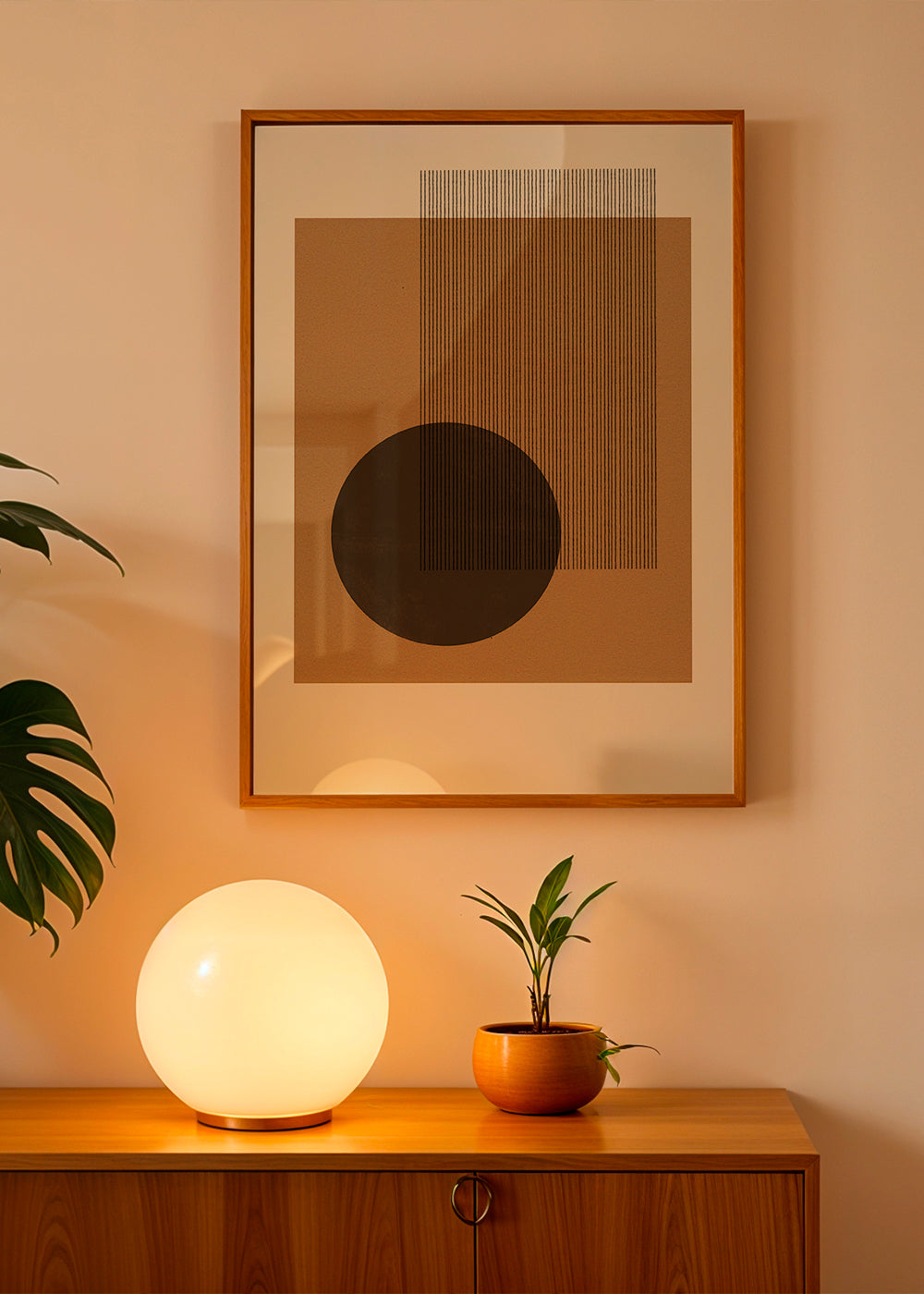 Geometrisk plakat med cirkel og linjehvirvel