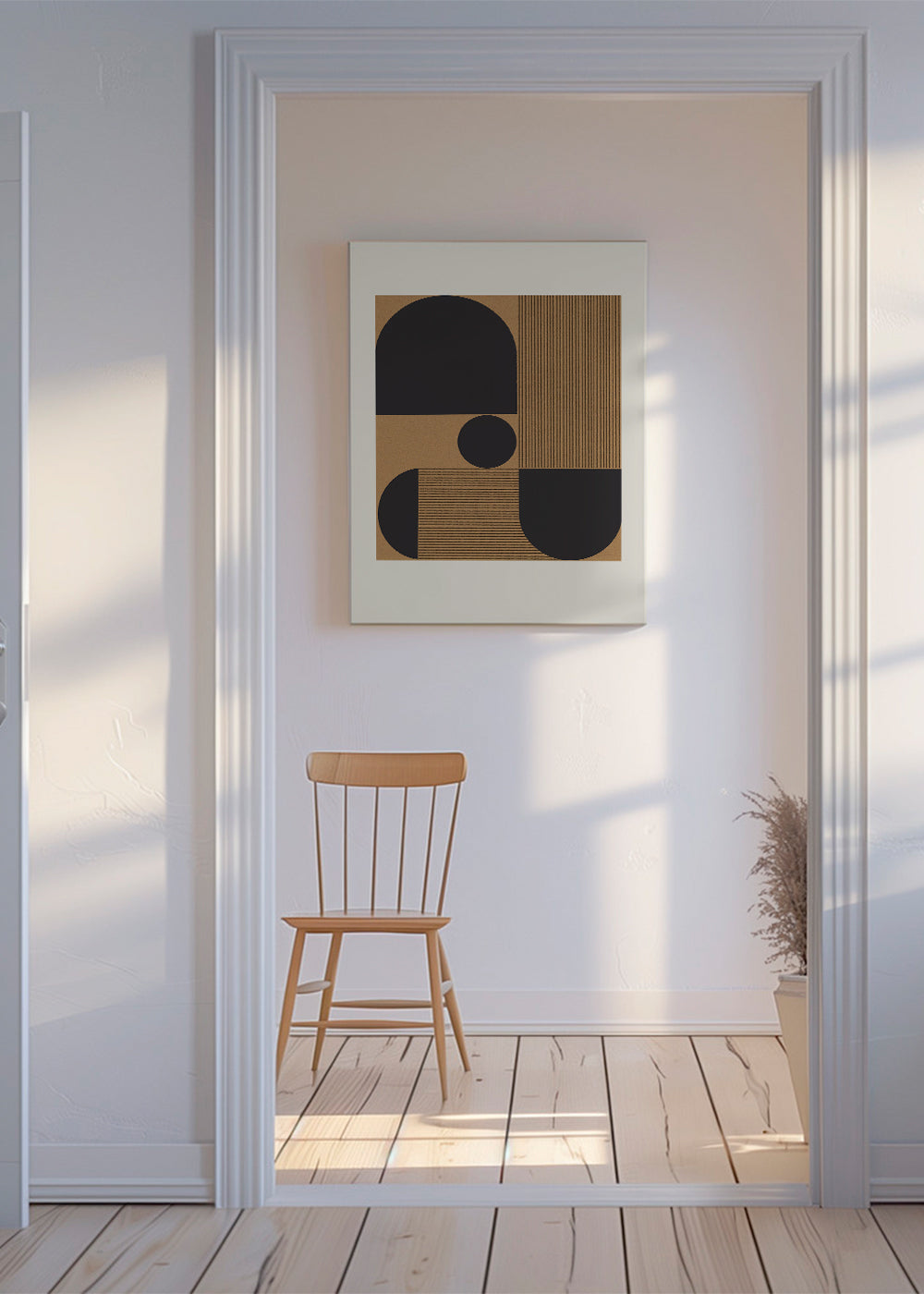 Geometrisk plakat med halvcirkler og bånd