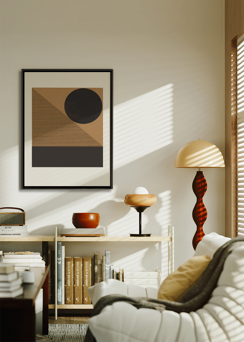 Geometrisk plakat med cirkel og diagonale streger