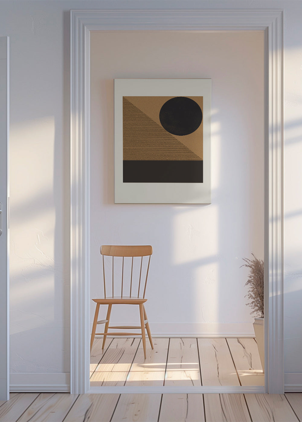 Geometrisk plakat med cirkel og diagonale streger