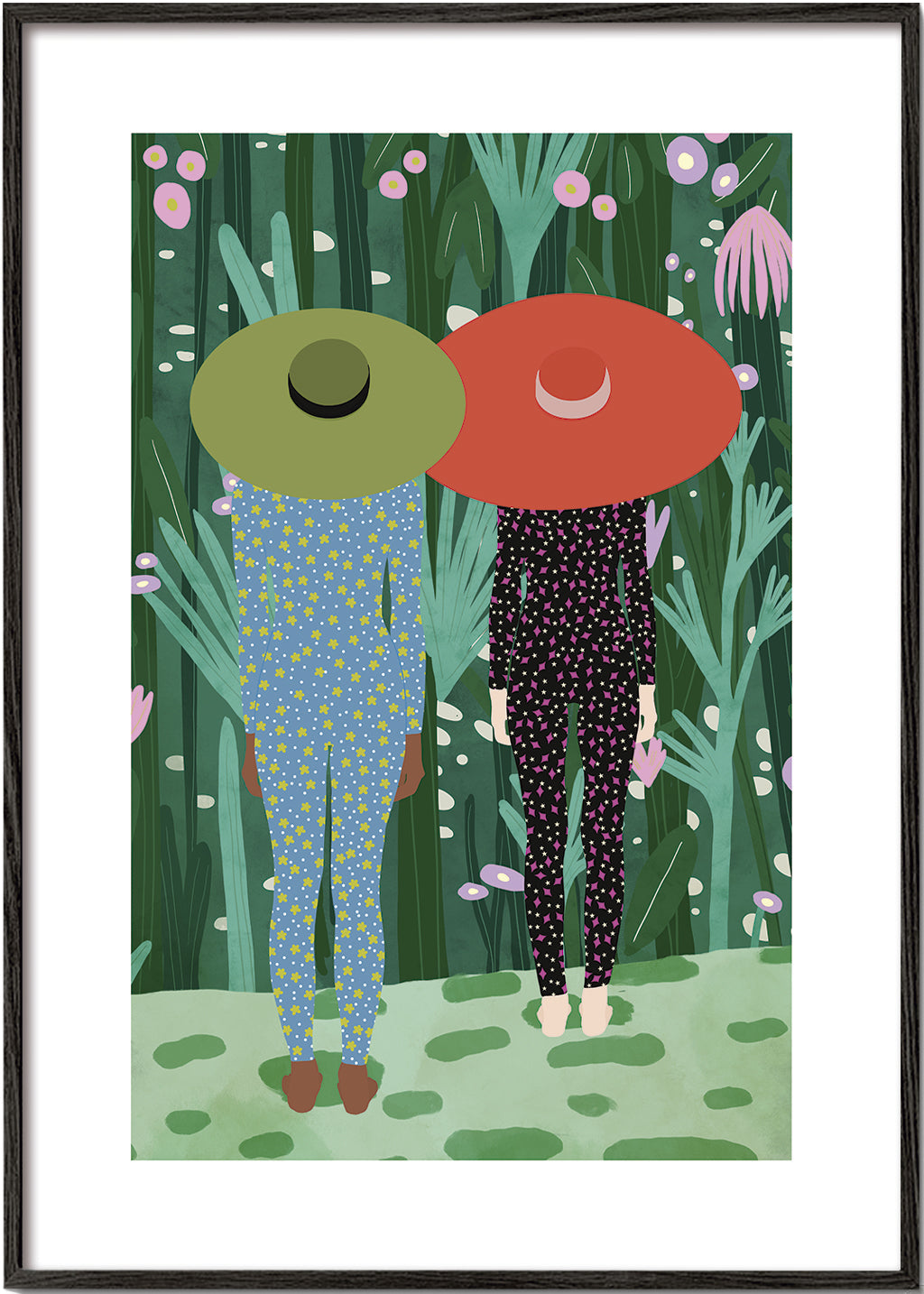 Botanisk plakat med to figurer og hatte