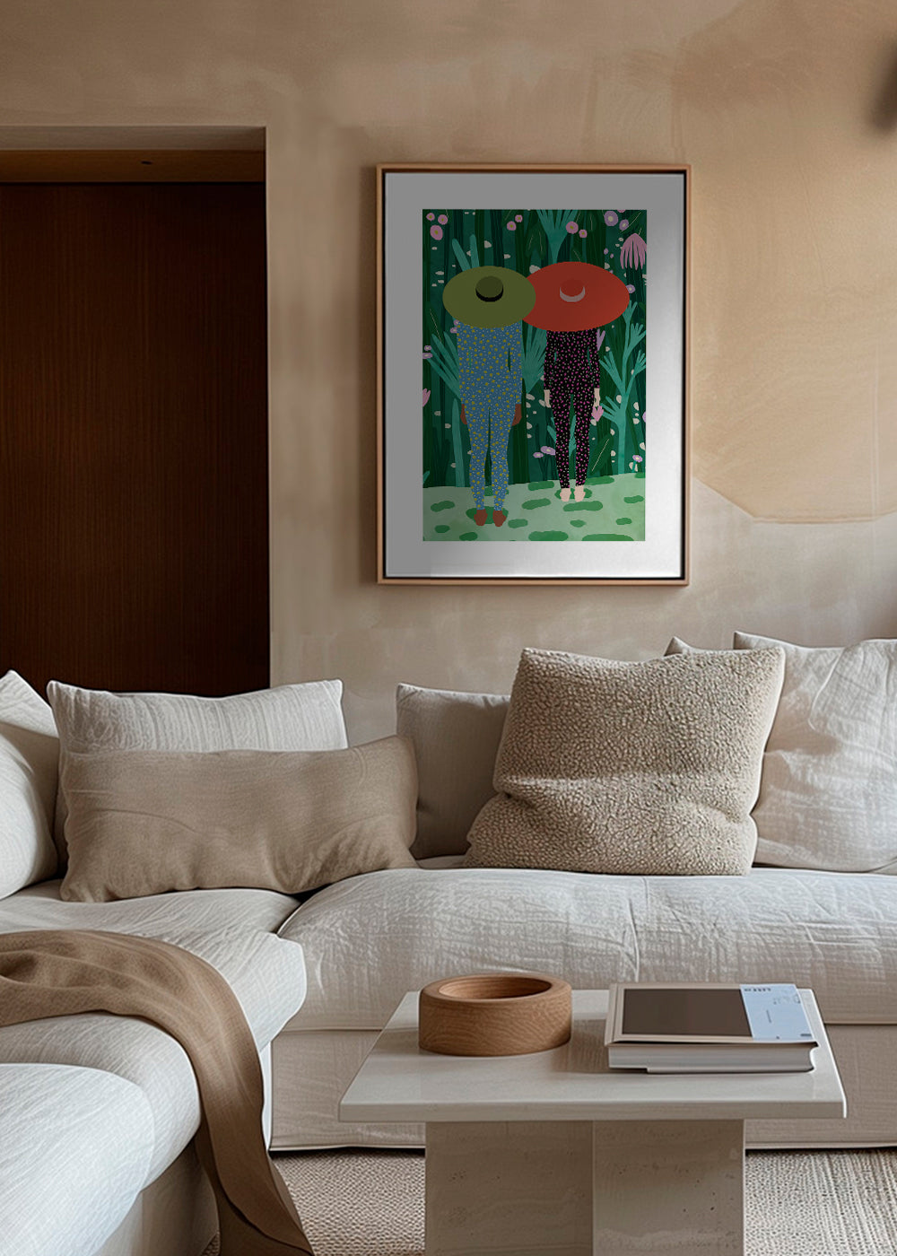 Botanisk plakat med to figurer og hatte