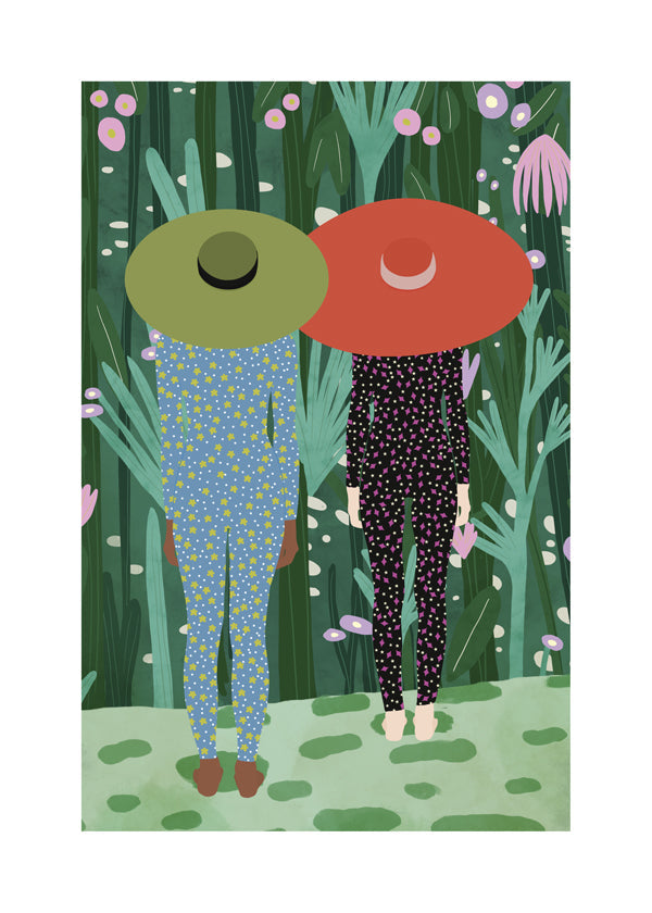 Botanisk plakat med to figurer og hatte