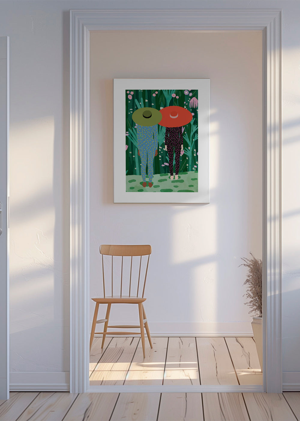 Botanisk plakat med to figurer og hatte