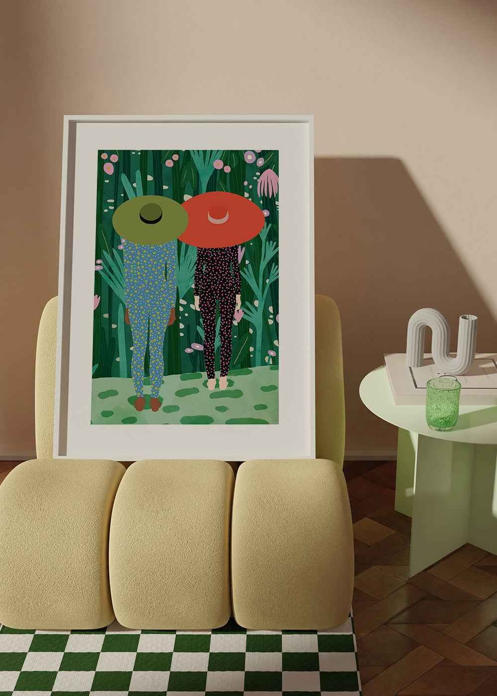 Botanisk plakat med to figurer og hatte