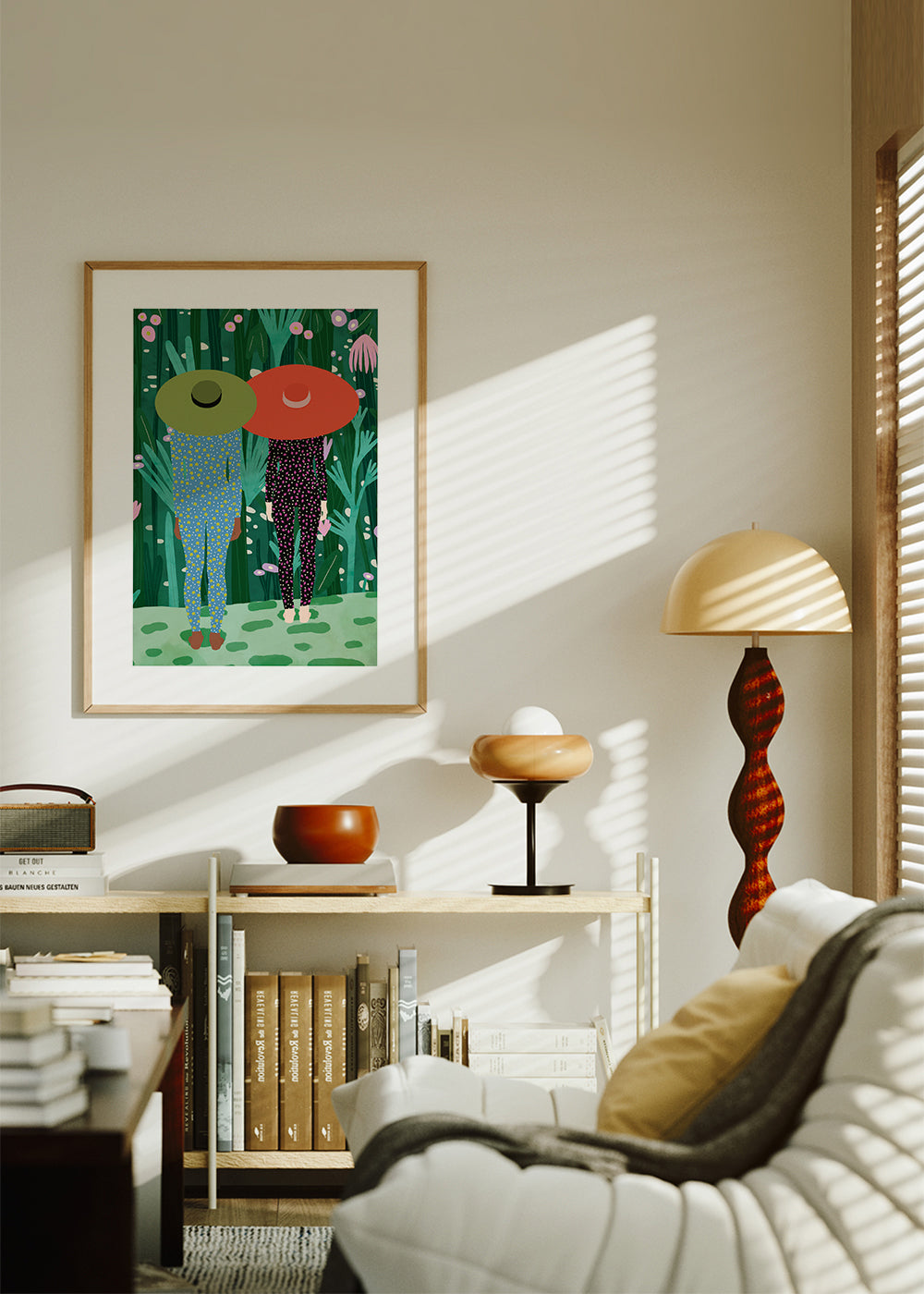 Botanisk plakat med to figurer og hatte