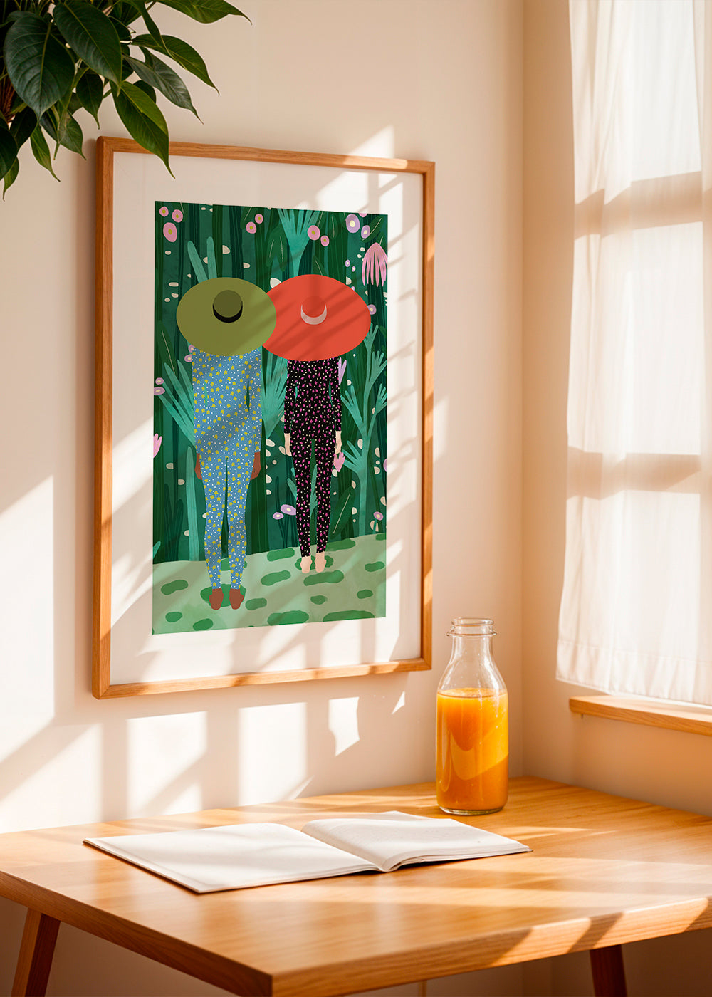Botanisk plakat med to figurer og hatte