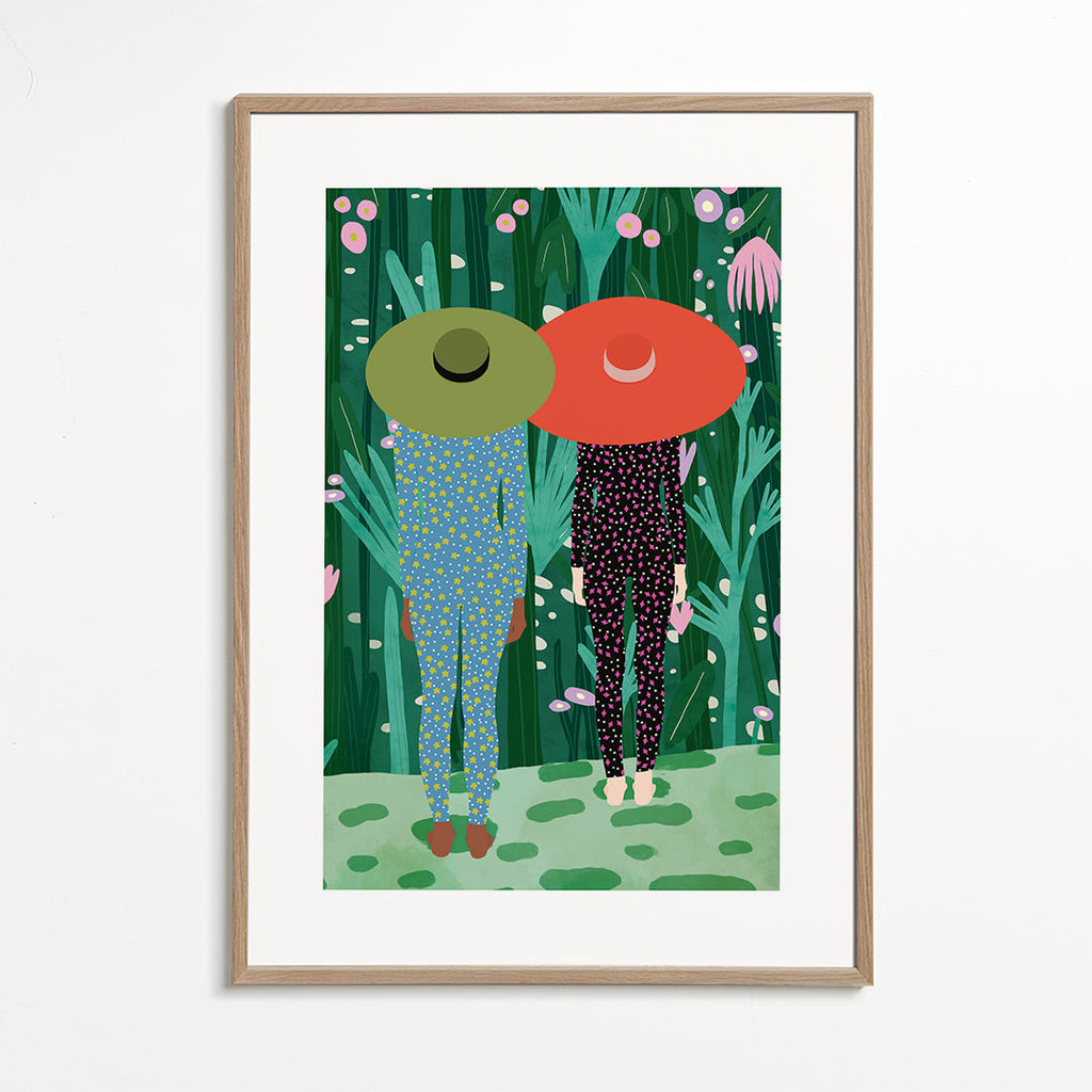 Botanisk plakat med to figurer og hatte