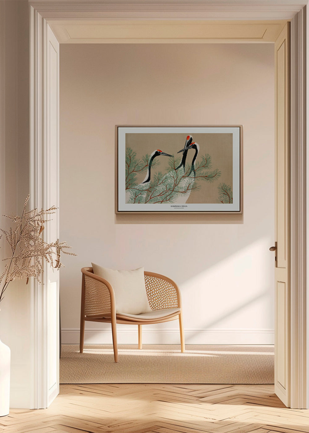 Kunst japanske traner blandt fyrregrene
