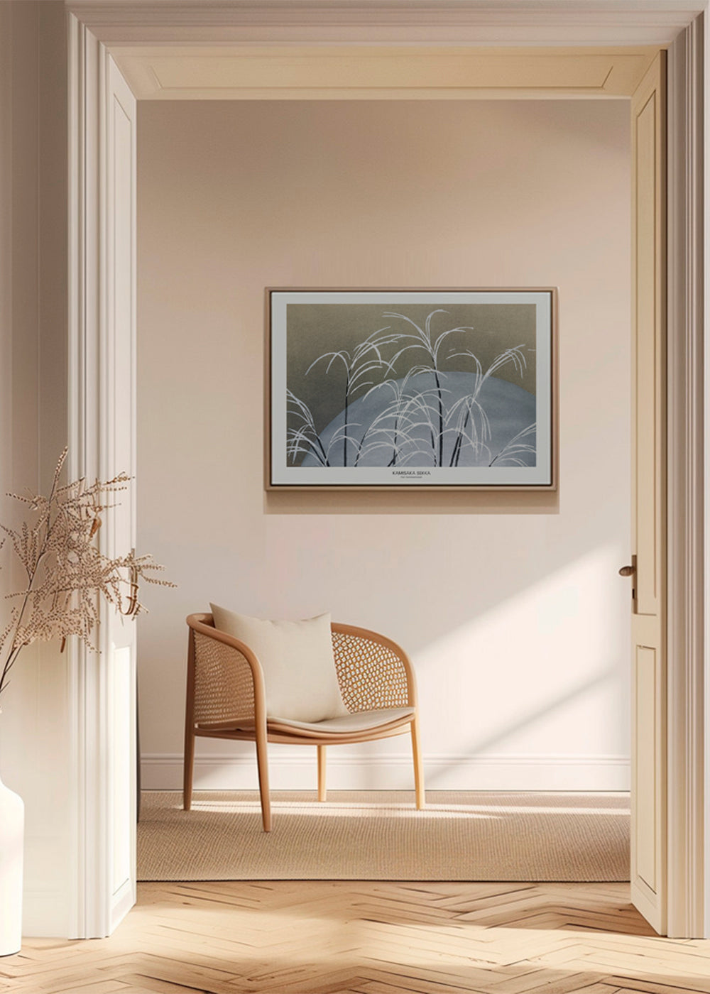 Botanisk plakat: hvide siv foran blå bakke