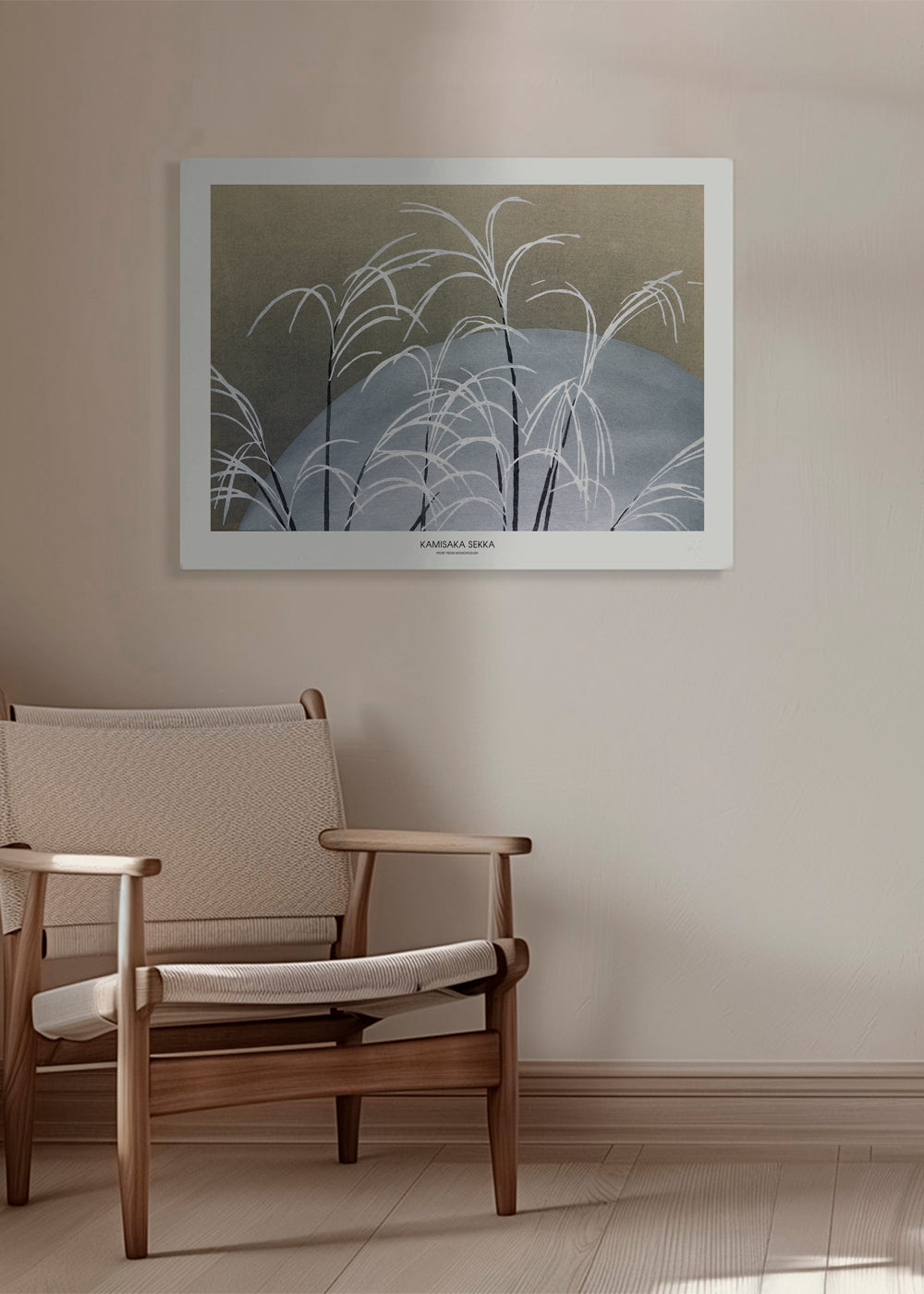Botanisk plakat: hvide siv foran blå bakke