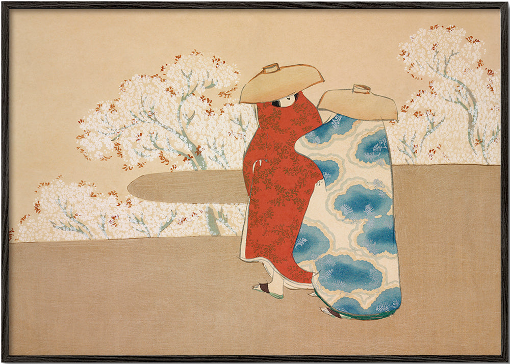 Botanisk print med japanske figurer og sakura