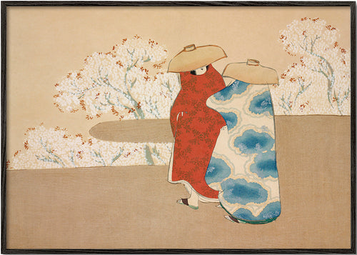 Botanisk print med japanske figurer og sakura
