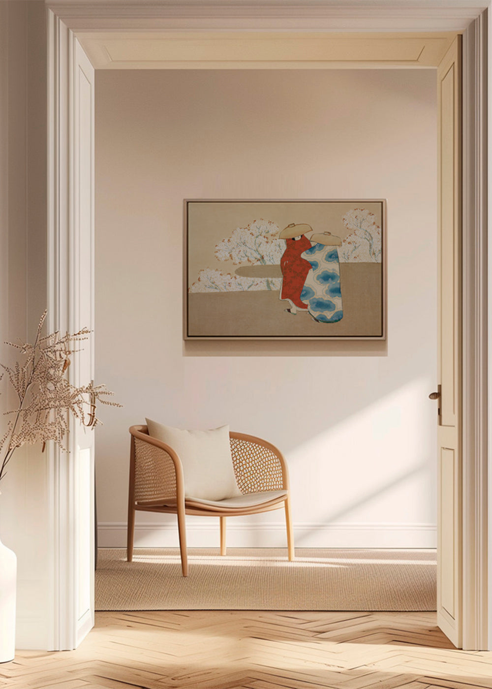 Botanisk print med japanske figurer og sakura