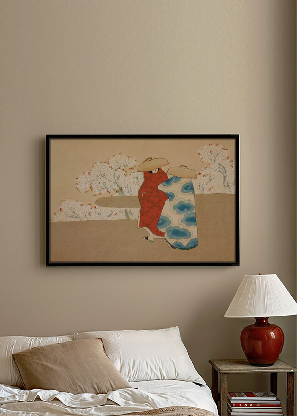 Botanisk print med japanske figurer og sakura