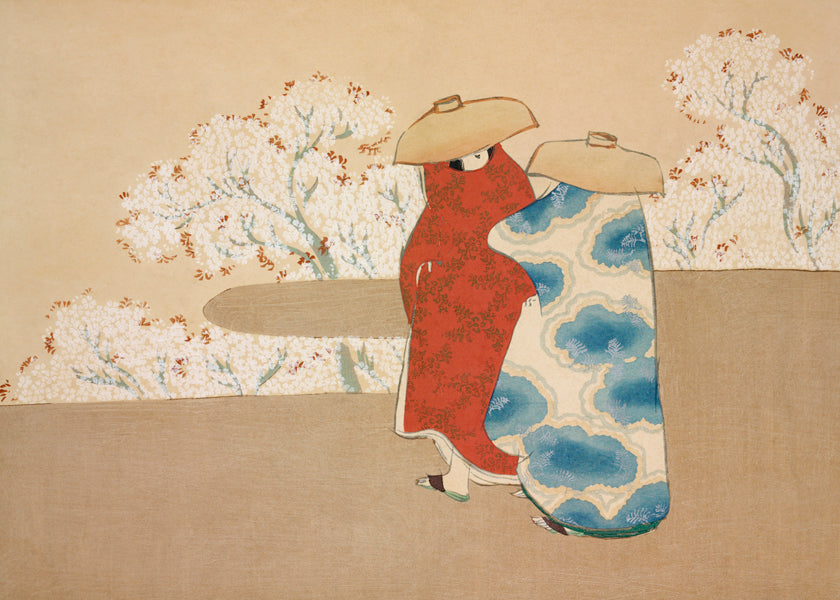 Botanisk print med japanske figurer og sakura