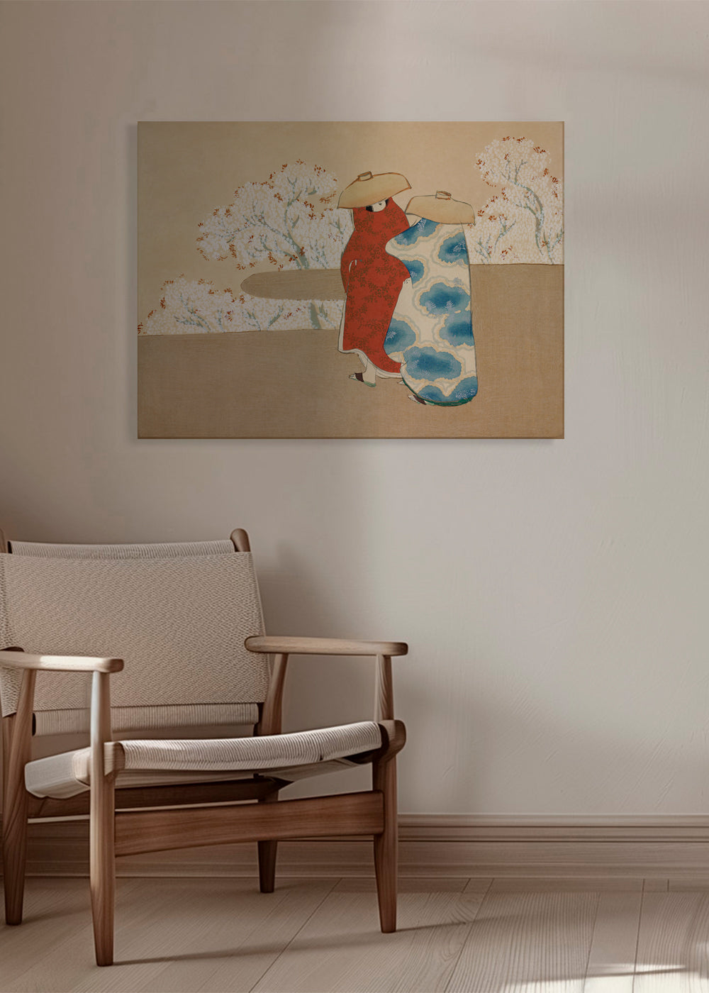 Botanisk print med japanske figurer og sakura