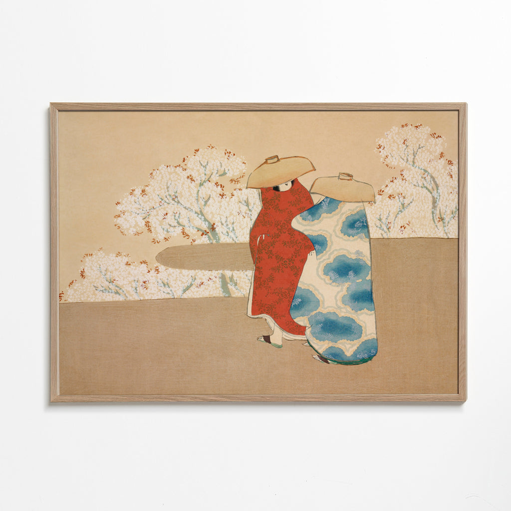 Botanisk print med japanske figurer og sakura