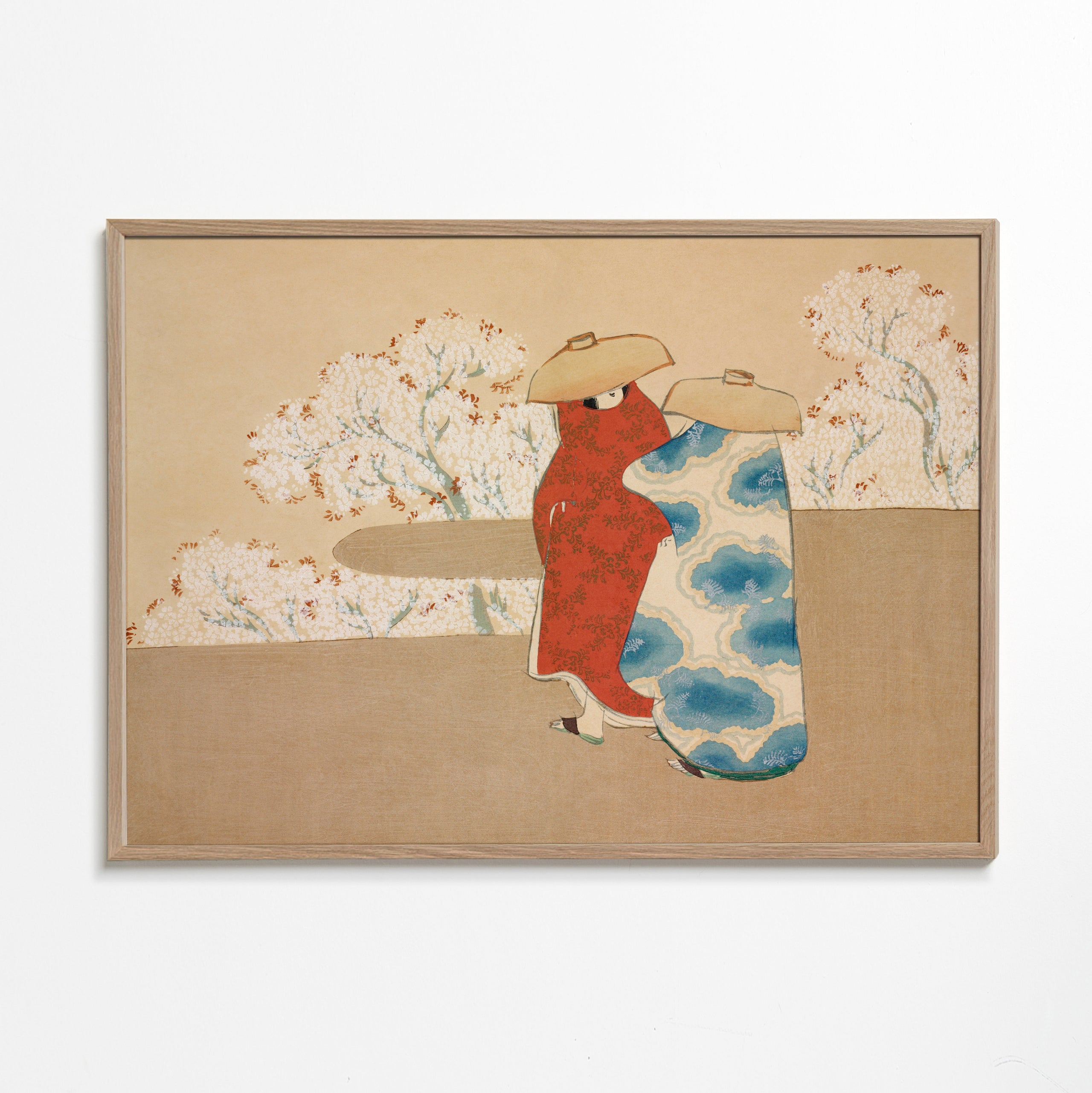 Botanisk print med japanske figurer og sakura