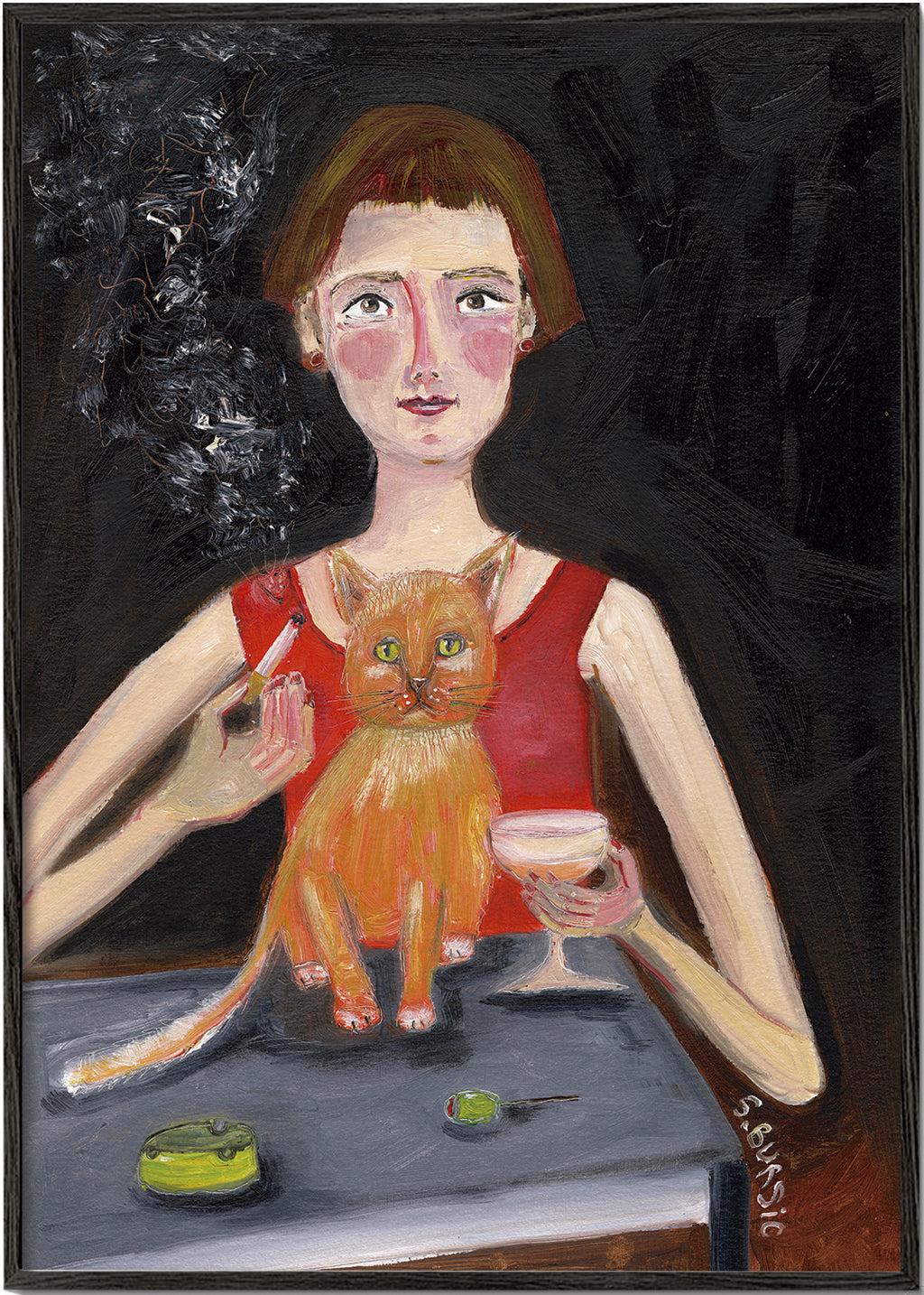 Vintage plakat kvinde med cocktail og kat