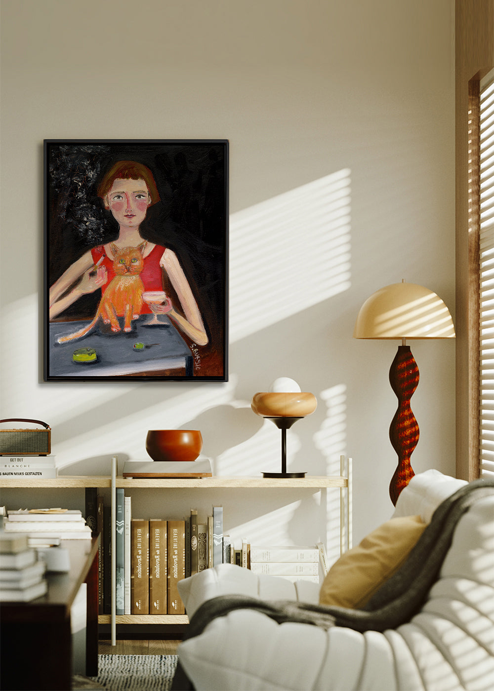 Vintage plakat kvinde med cocktail og kat