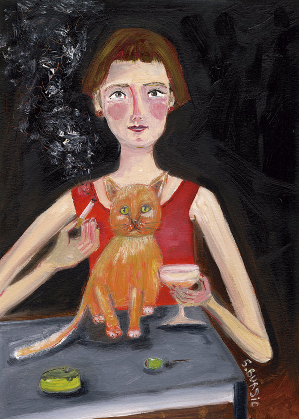Vintage plakat kvinde med cocktail og kat