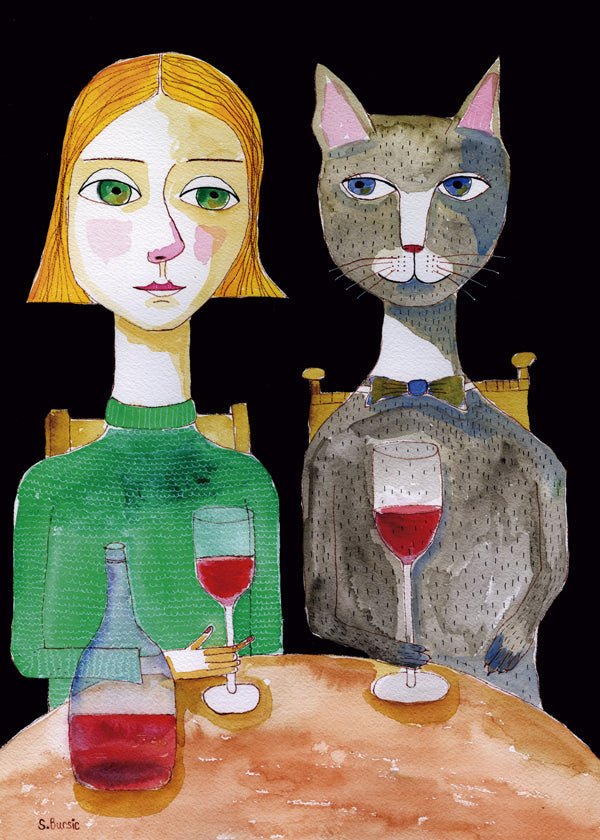 Kvinde og kat med glas