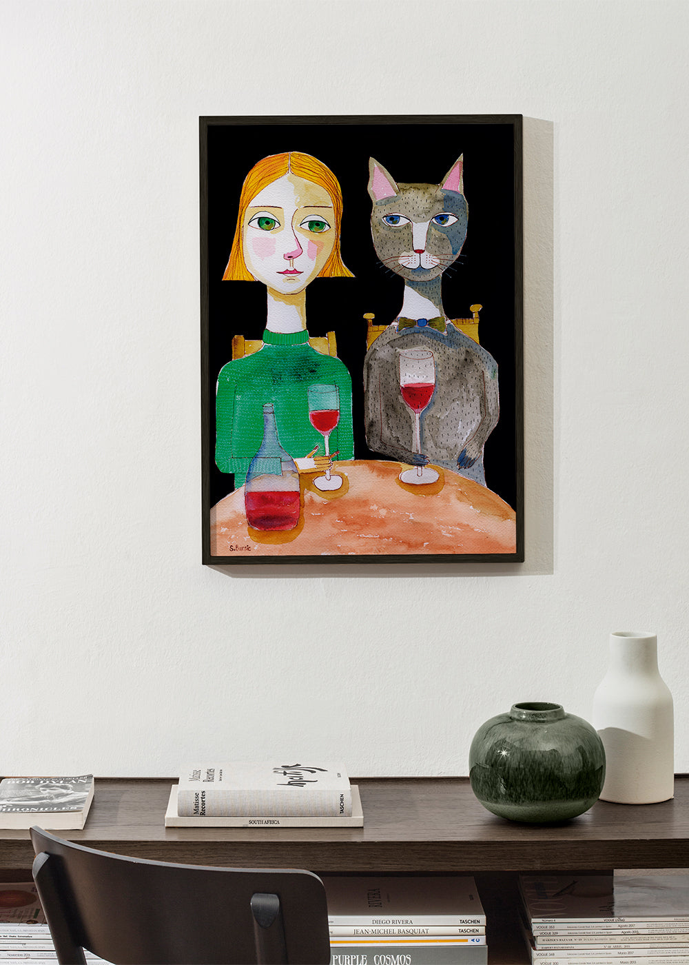 Kvinde og kat med glas