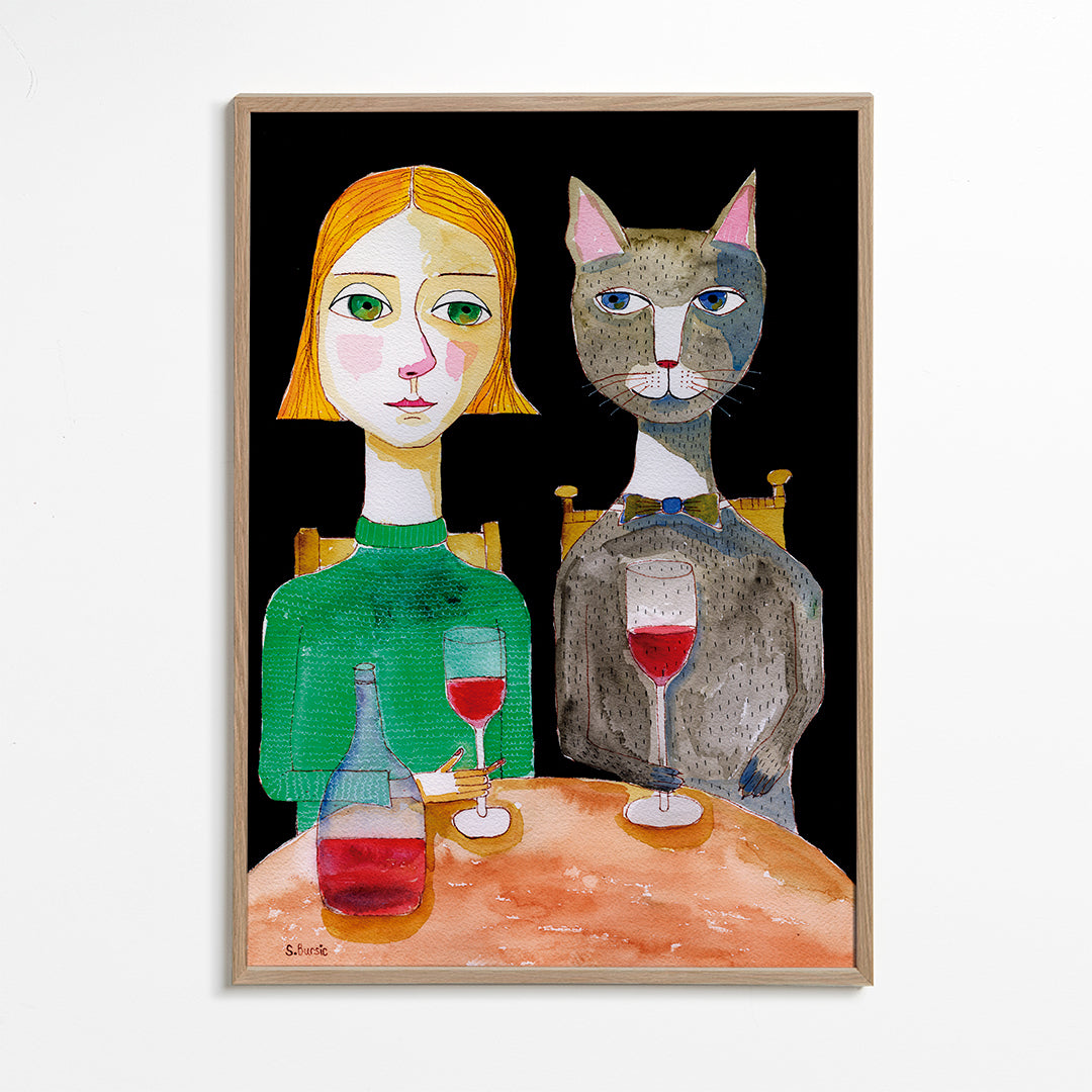 Kvinde og kat med glas