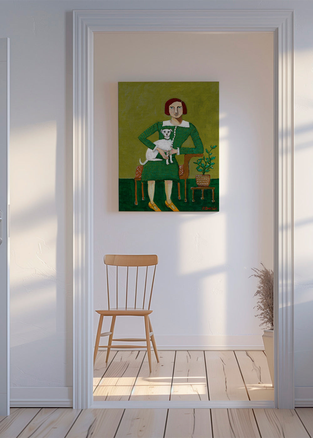 Vintage portræt af kvinde med hvid hund