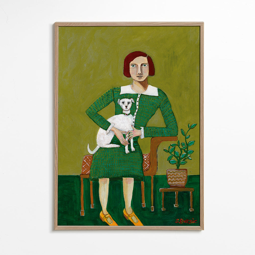 Vintage portræt af kvinde med hvid hund