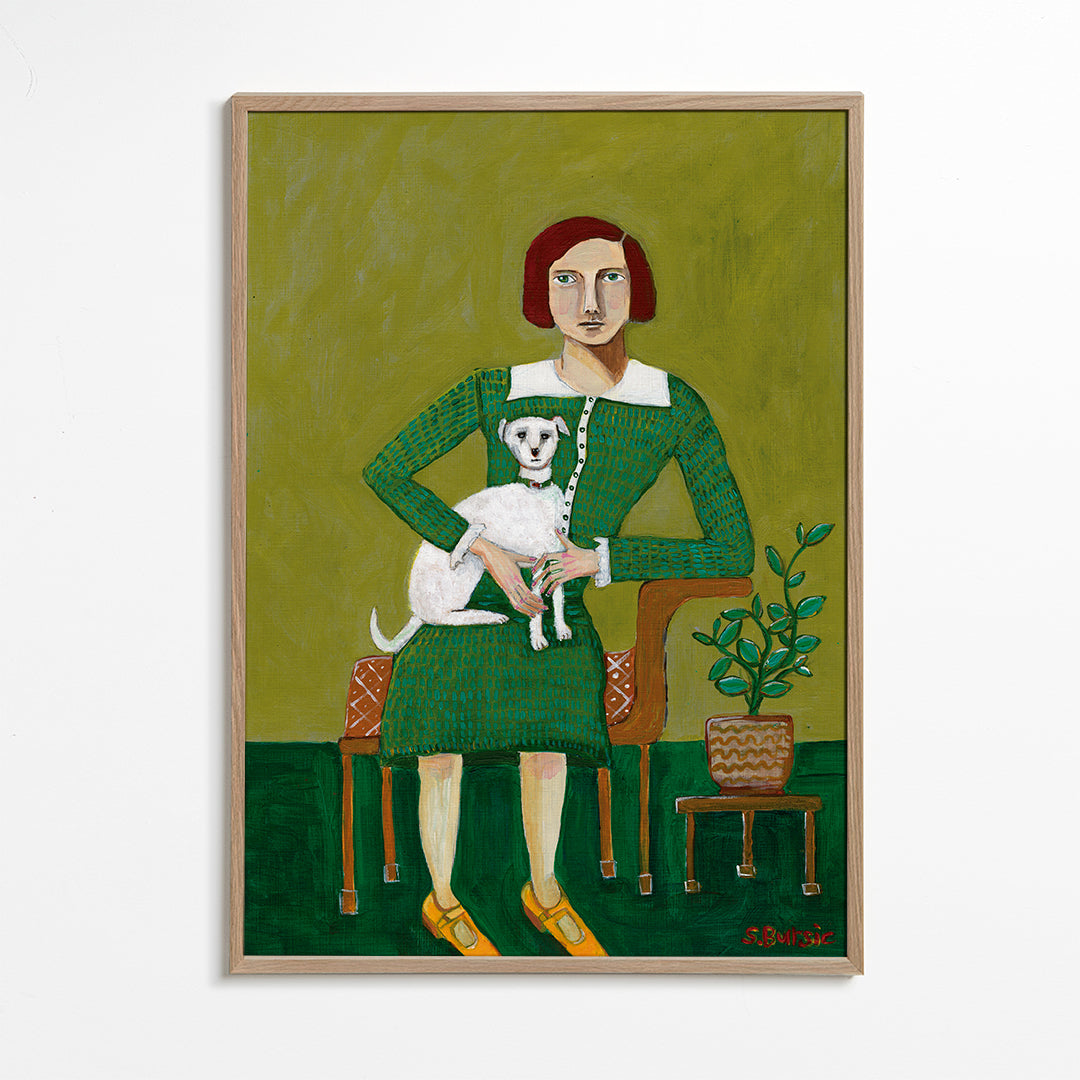 Vintage portræt af kvinde med hvid hund