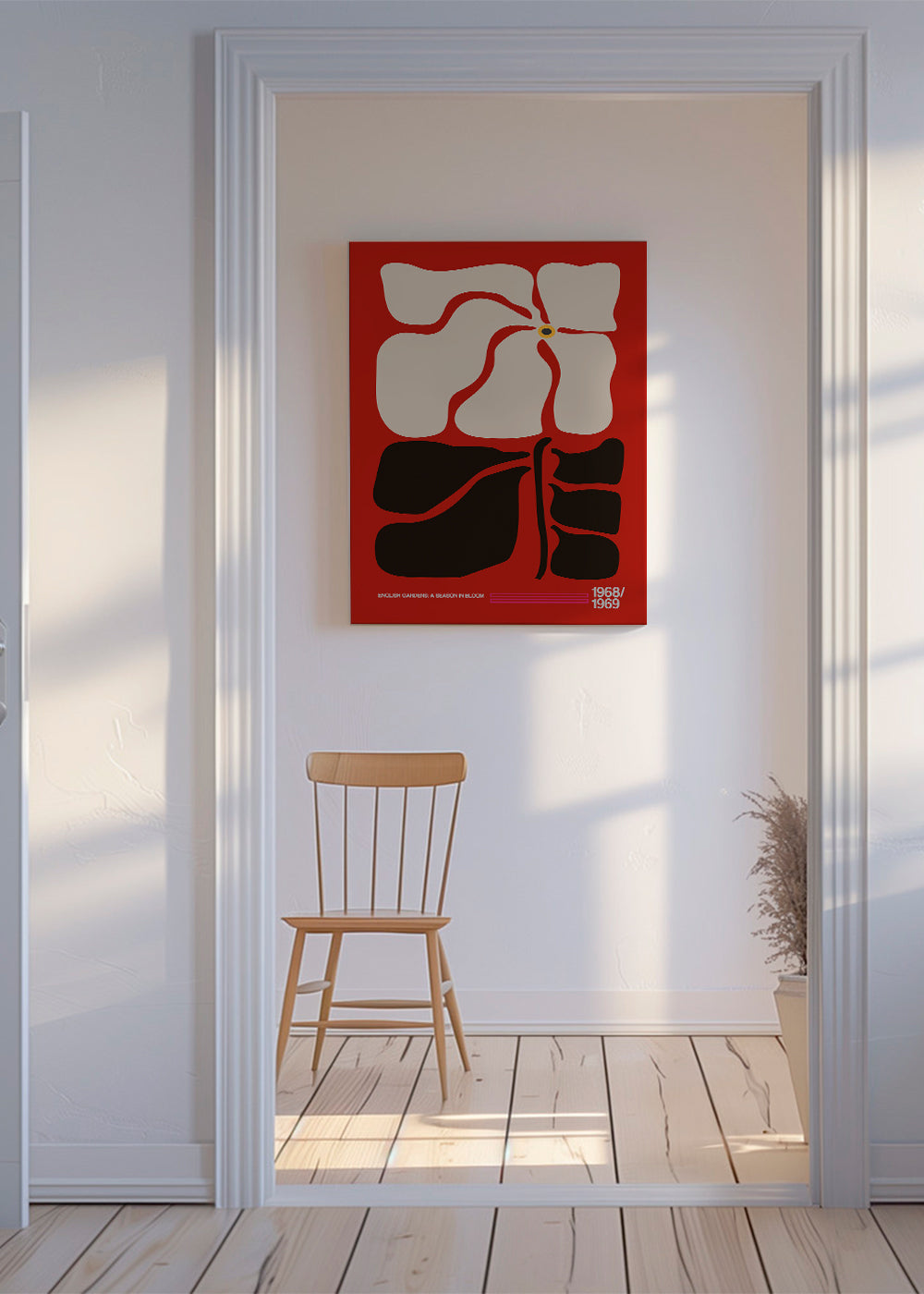 Botanisk plakat med stiliseret rød blomst