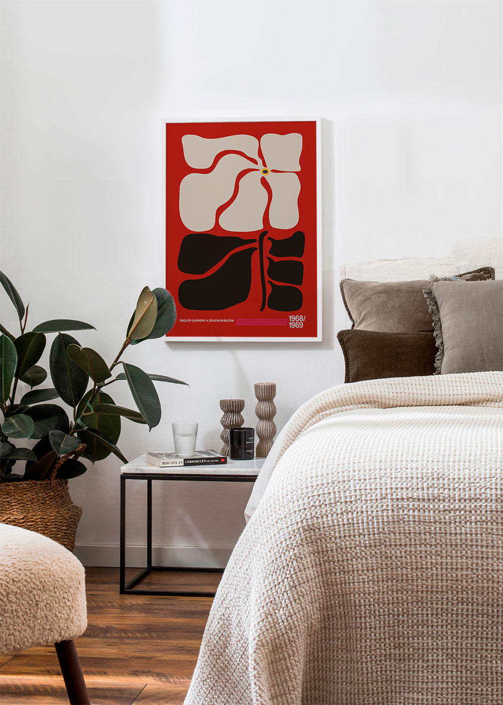 Botanisk plakat med stiliseret rød blomst