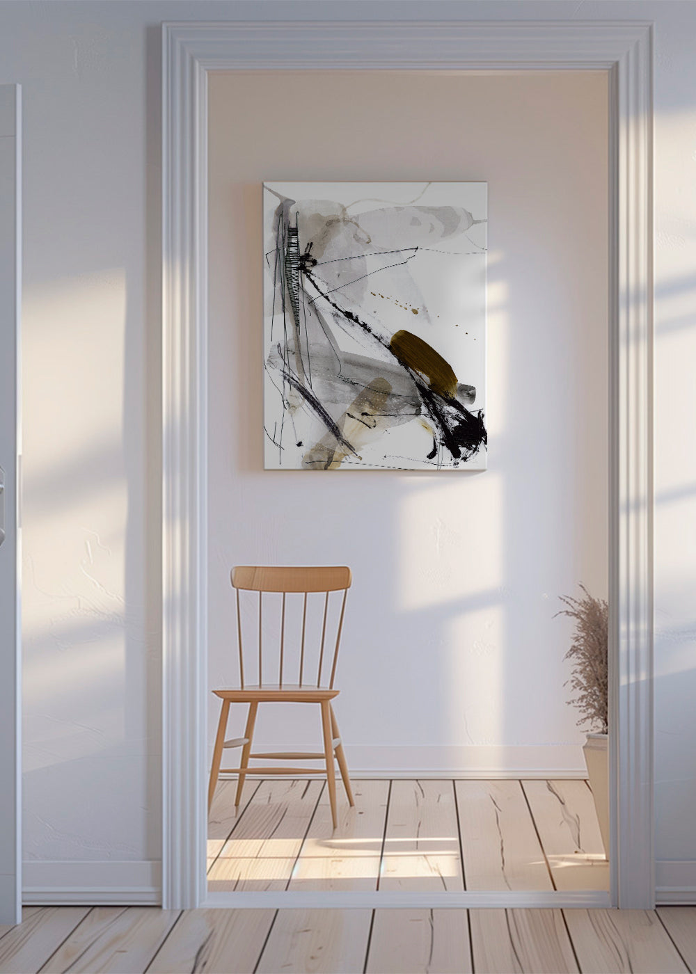 Abstrakt billede med sorte streger og beige vaske
