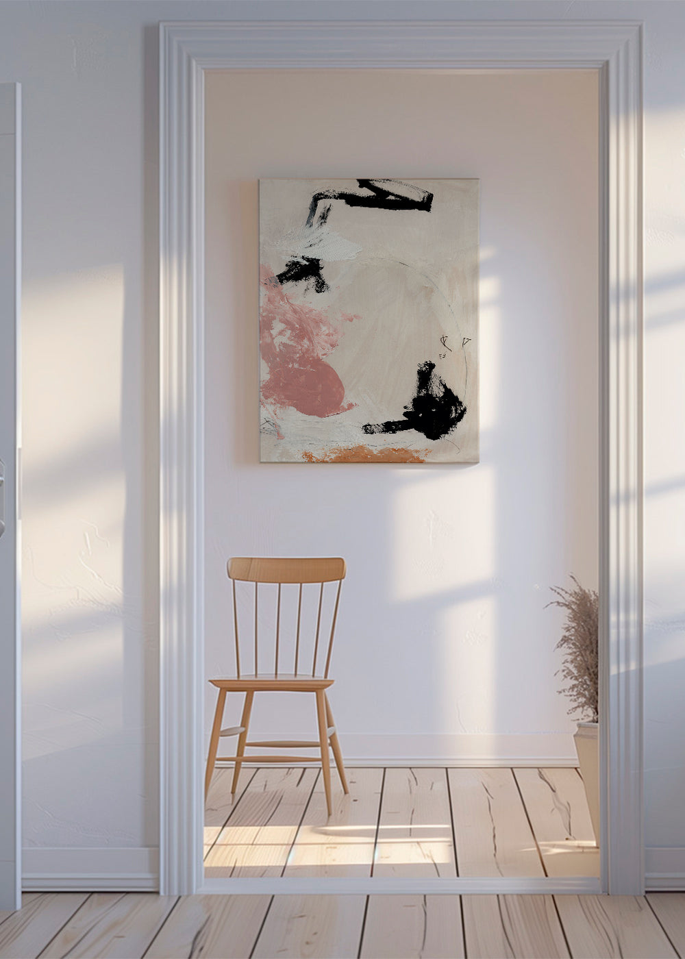 Abstrakt maleri: balletgestus i rosa og sort