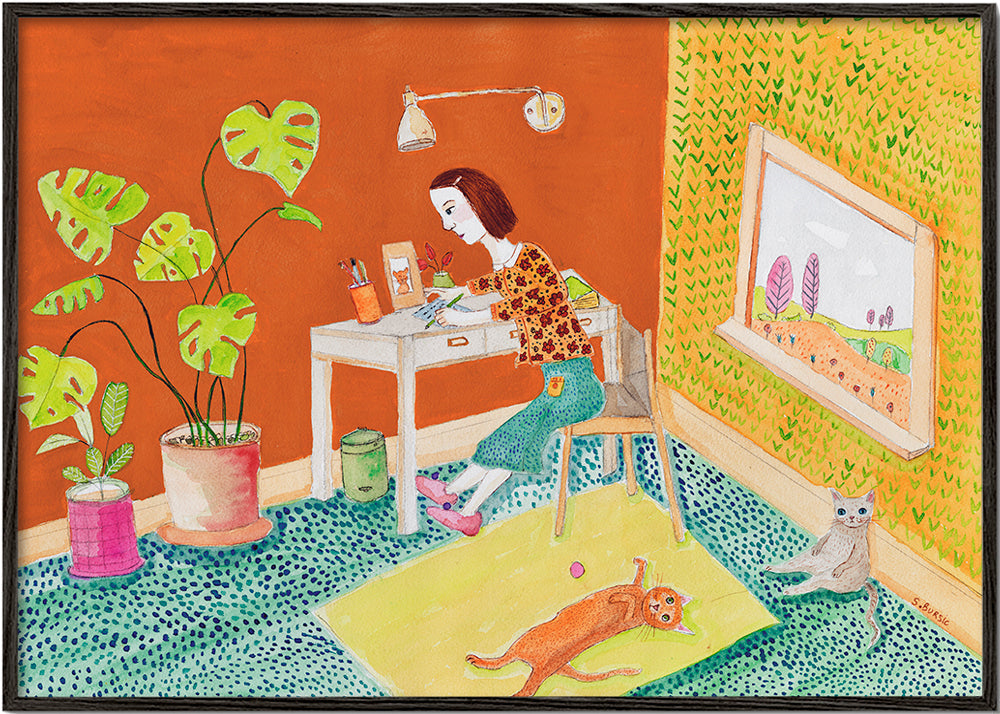 Illustration af katte i interiør