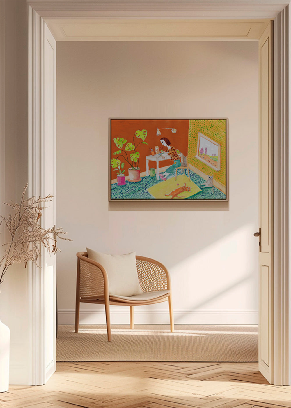 Illustration af katte i interiør